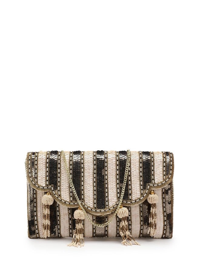 Anekaant Tassel Tales Champagne Sequined Sling Bag with Tassel Work for Women | Party & Wedding Purse - Image 1